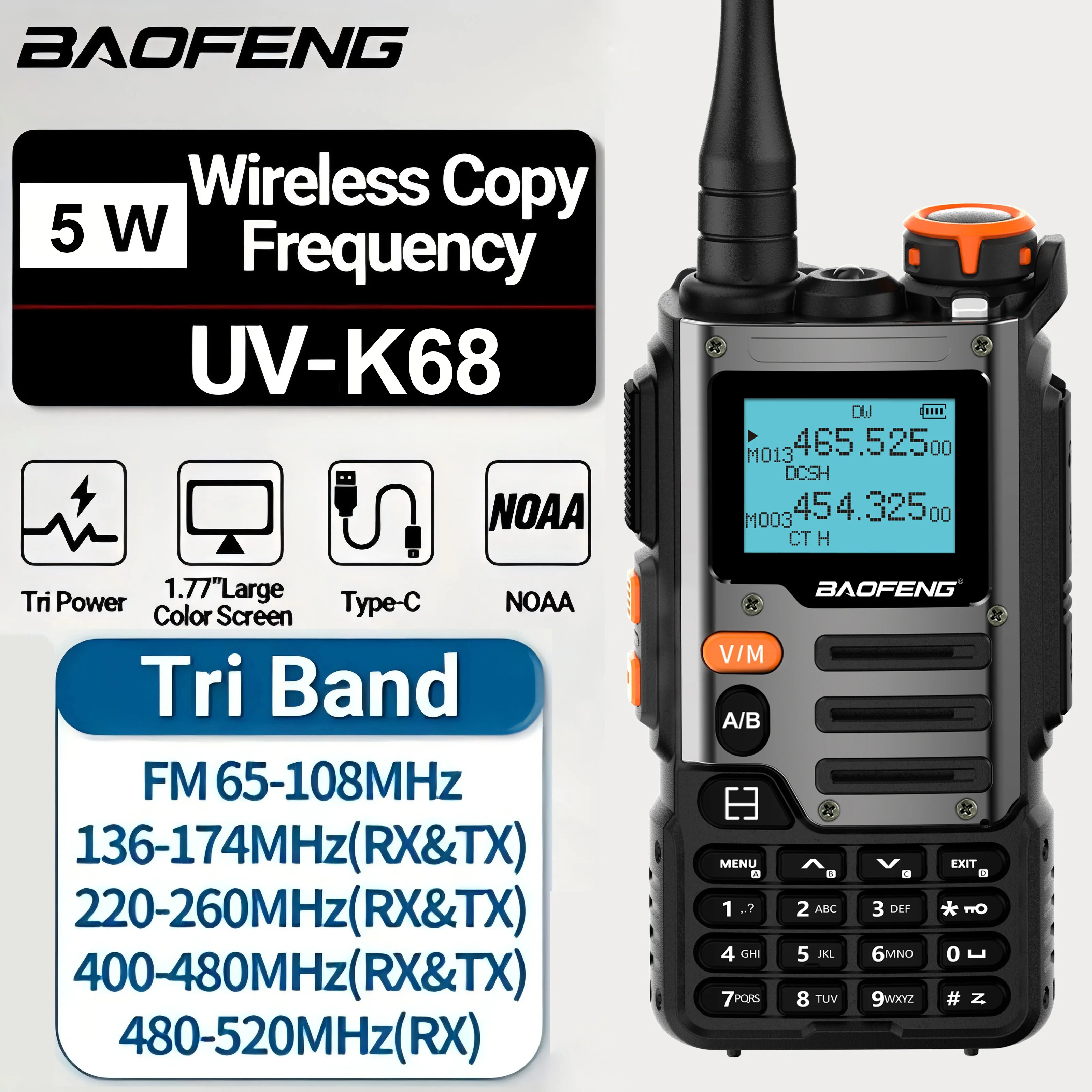 Baofeng UV-K68 Walkie Talkie Air Band Radio TYPE-C K68 Charge UHF VHF DTMF FM NOAA Wireless Frequency Two Way Radio