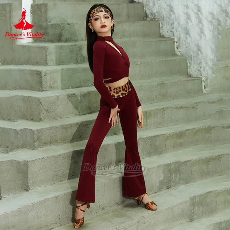 

Teenagers Latin Dance Wine Red Long Sleeves Training Tops+Trousers Girl's Chacha Rumba Practice 2-piece Set Dancer's Vitality