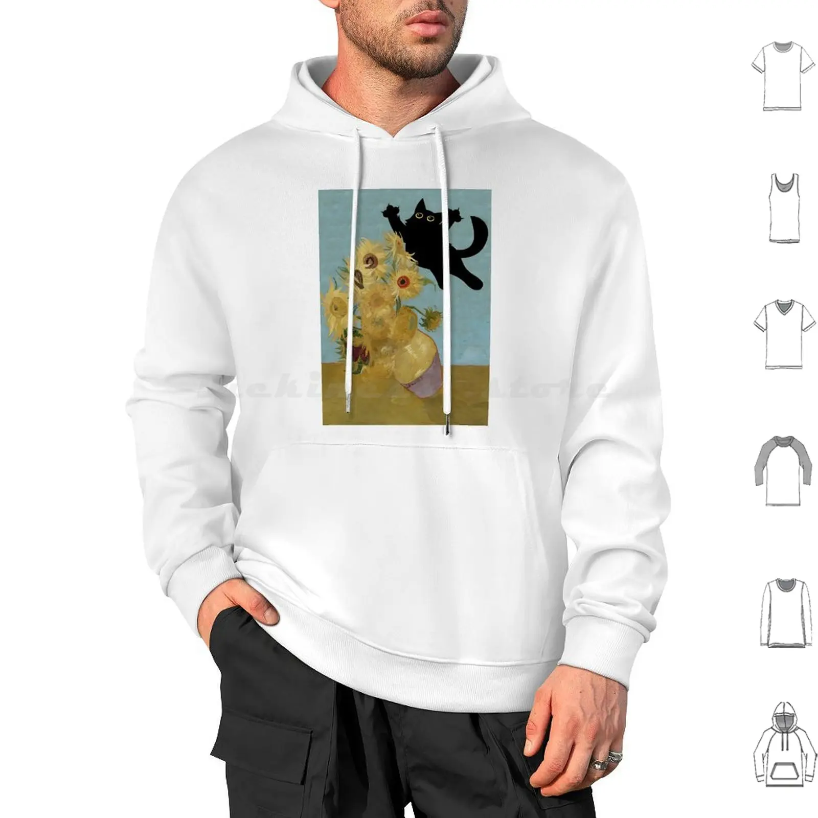 Vincent Van Gogh , Flowers Cat Hoodie cotton Long Sleeve Cat Cute Funny Humor Kitty Kitten Black Cat Vintage Nature Animal