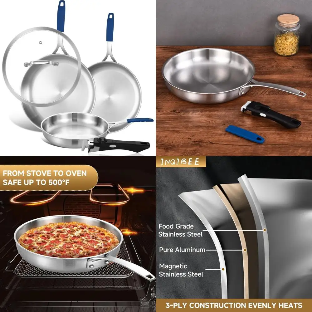 

Набор трехслойных сковородок из нержавеющей стали 8,5–10–12 дюймов с крышкой, сковородой, индукционной совместимой, набор посуды для кастрюль и сковородок