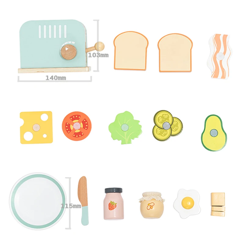 Houten ontbijtspeelgoedset met broodrooster - Kinderkeuken Rollenspel en vroege ontwikkeling Gesimuleerde ouder-kind interactie