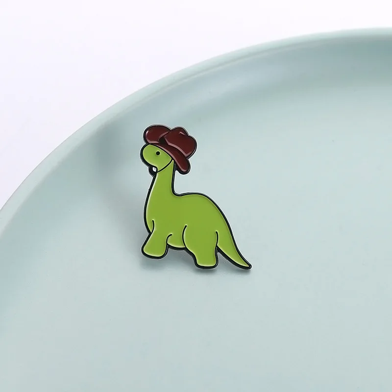 Cowboy Dinosaur Enamel Pin Brooch Green Brontosaurus with Cowboy Hat Lapel Badge for Backpack Clothing Jewelry