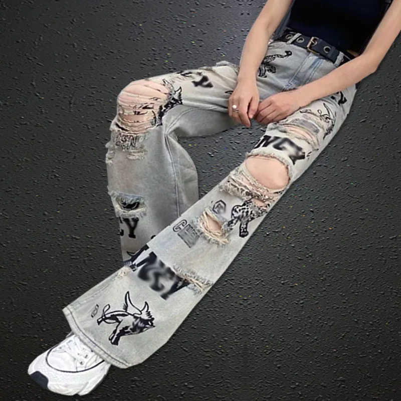 

Модные женские джинсы с высокой талией, прямые, с эффектом потертости, длинные брюки, весенняя новинка, из эластичного хлопкового денима, повседневный стиль