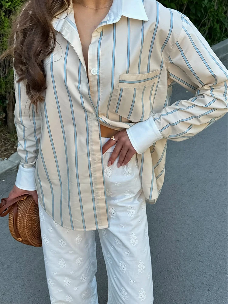 

Linad Casual Woven With Pockets Thin Blouse Simple Style Blue Striped Single-Breasted Full Sleeve Top Loose Summer Lapel Shirts