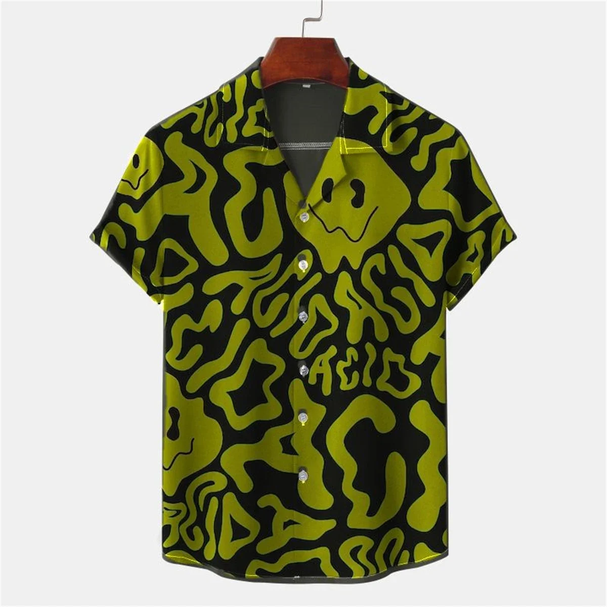 Camisa de manga corta con estampado de letras retorcidas para hombre, Tops cómodos informales de playa hawaiana con solapa, camisa suelta de talla