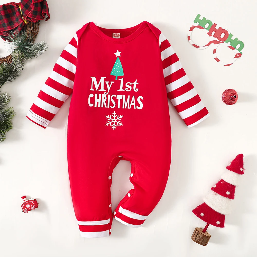 0-9M My First Christmas Baby Boys Girls Jumpsuit Autumn/Winter New Striped Printed Rompers Long Sleeve Newborn Unisex Party Wear