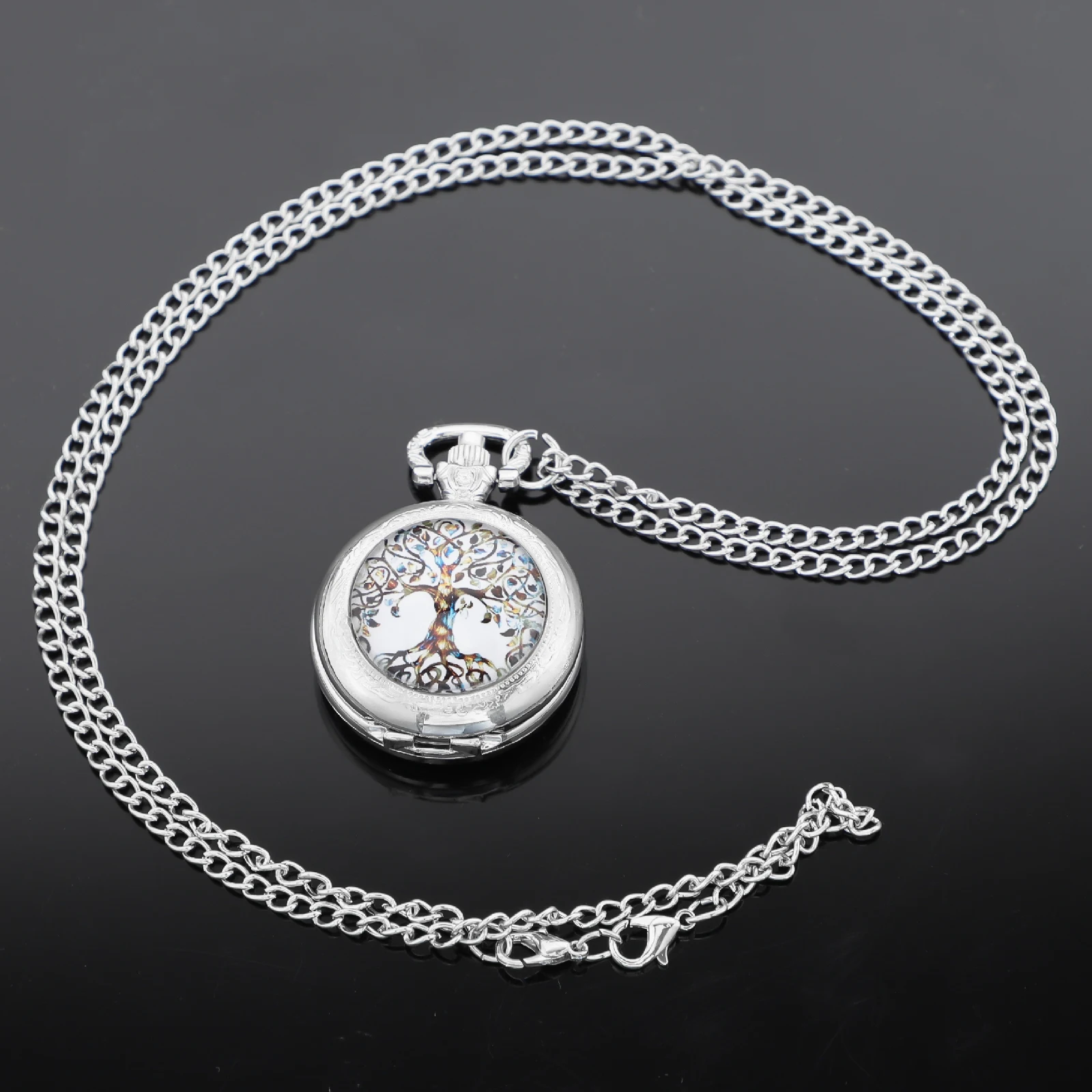 Personalised Fashion Silver Stainless Steel Tree of Life Glass Dome Quartz Pocket Watch Necklace Women Jewelry Pendant Chain