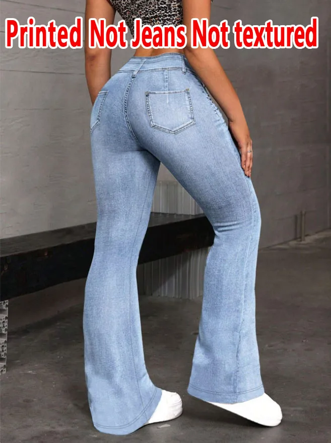 2071[Printed Pants - Not Faux Denim Fabric]2D Printed Faux Effect, Printed Flared Trousers - Non-Faux Denim Fabric,