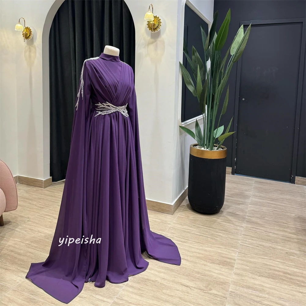 Disesuaikan kualitas tinggi gaya Modern Formal malam kerah tinggi panjang lantai A-line manik-manik Satin Bespoke acara gaun