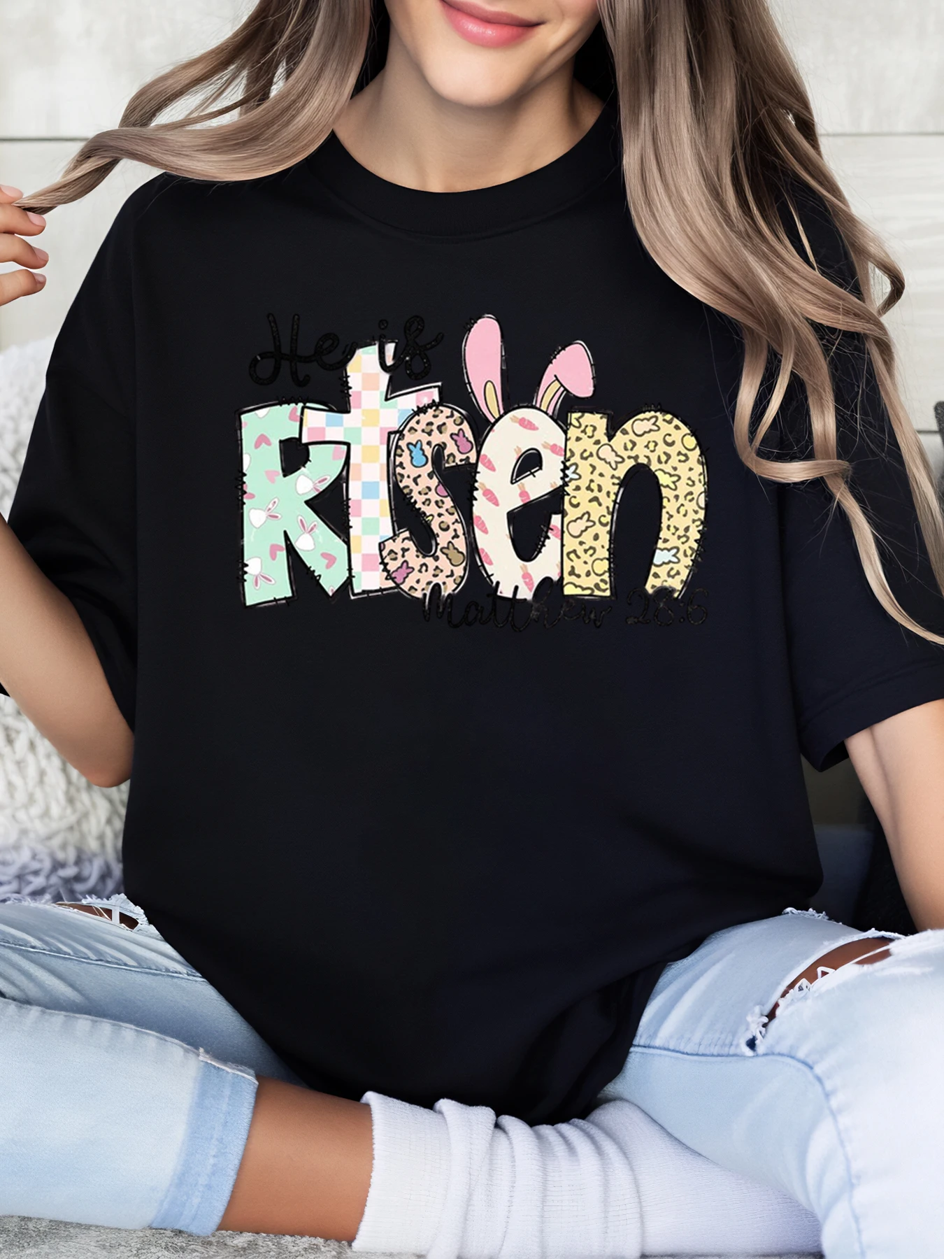 

Risen Easter Print t Shirt Women Spring Religious Christian Casual Wear Black Plus-Size