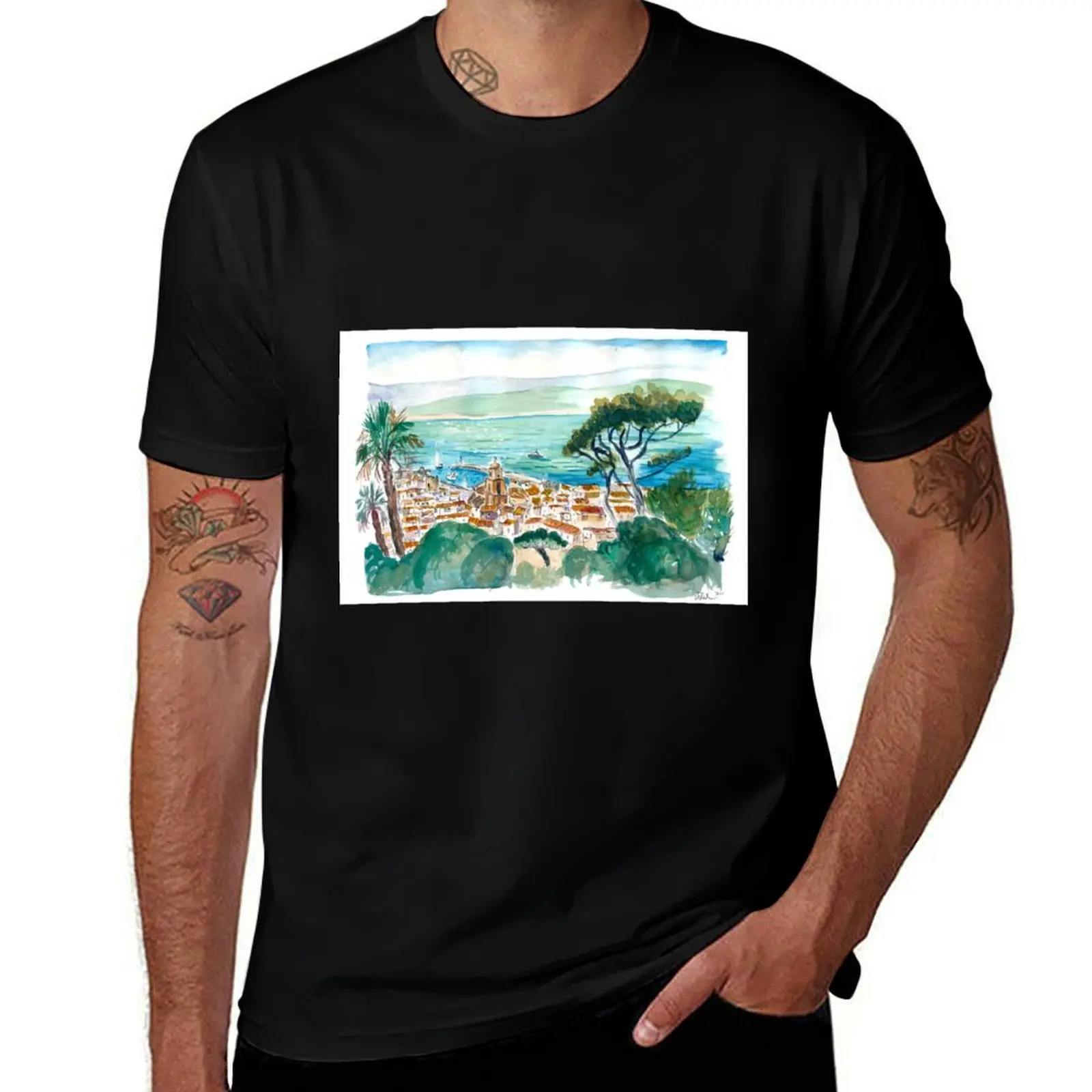 

Saint Tropez Coastal View of Turquoise French Riviera T-Shirt mens graphic t shirts t shirt man plain T-Shirt