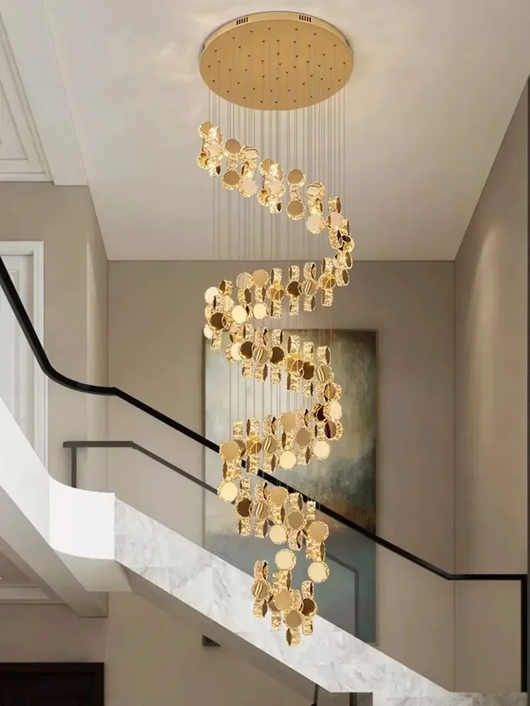 

Rotating staircase long villa living room chandelier Interior designer crystal modern LED gold