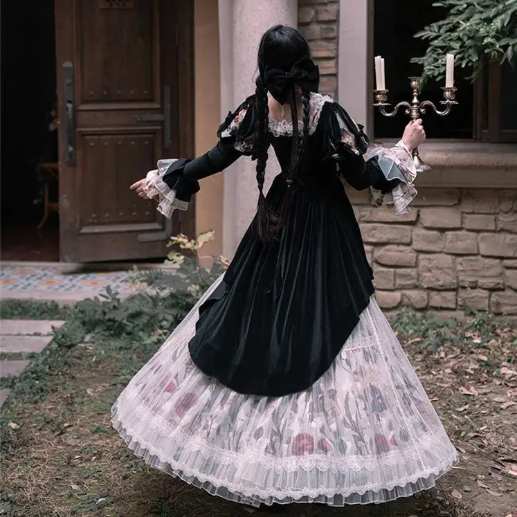 Autumn Winter Vintage Victorian Lolita Skirt Sets Women Halloween Black Velvet Short Top Embroidery Flower Print Mesh Long Skirt