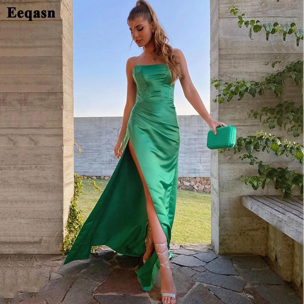 

Eeqasn Fishtail Simple Green Satin Evening Dresses Mermaid Formal Prom Gowns Strapless High Slit Side Long Women Party Dress