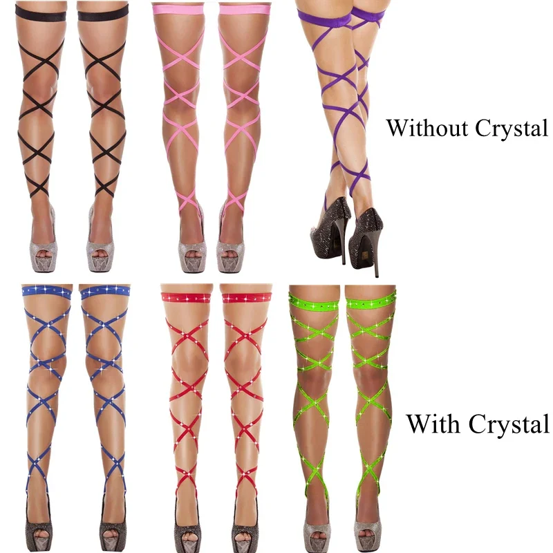 Women Sexy Lingerie Colorful Nylon Bandage Leg Wraps Harness Thigh High Stockings Hot Pole Dance Nightclub Party Hosiery