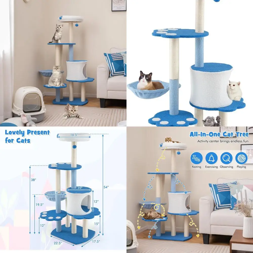 

Многоуровневая современная кошачья стойка (54 секции) с сизалевыми стойками для когтетрения, шуршащим шариком, верхним лежаком, боковым гамаком и кошачьим домиком, милого синего цвета