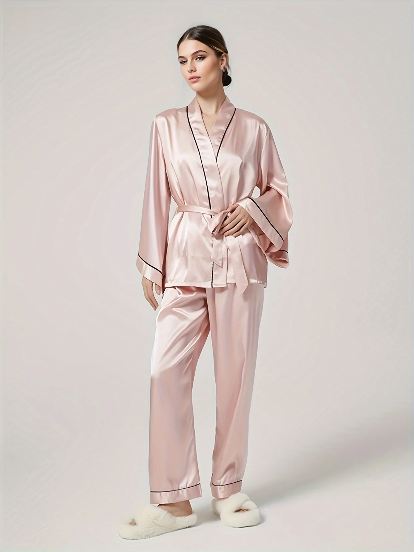 Schinotch Summer Women Ice Silk Pajamas Set Cozy Fashion Bathrobe and Pants Ladies Homewear Set