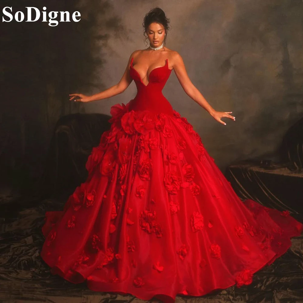 SoDigne Sexy Red Evening Dresses Strapless Ball Gown Pleated 3D Flowers Party Dress 2025 Special Occasion Prom Gowns Customized