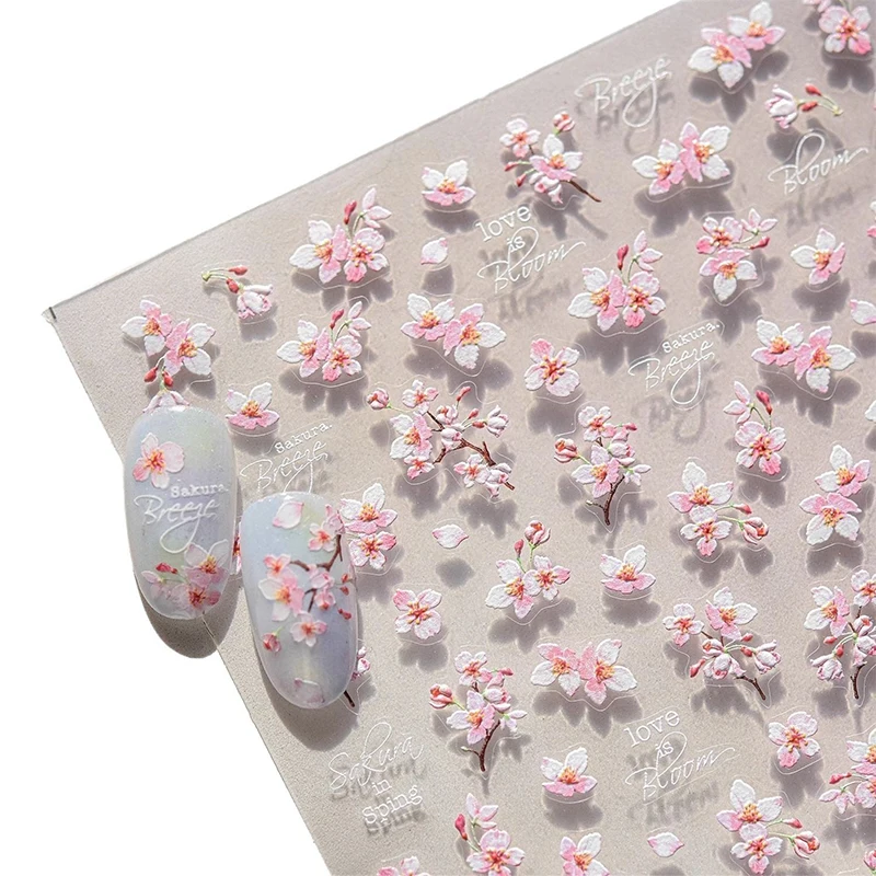 1PCS 셀프 접착 꽃 스티커 프레스 온 네일 스티커 5D 소프트 릴리프 사쿠라 네일 스티커 네일 아트 장식 네일 데칼