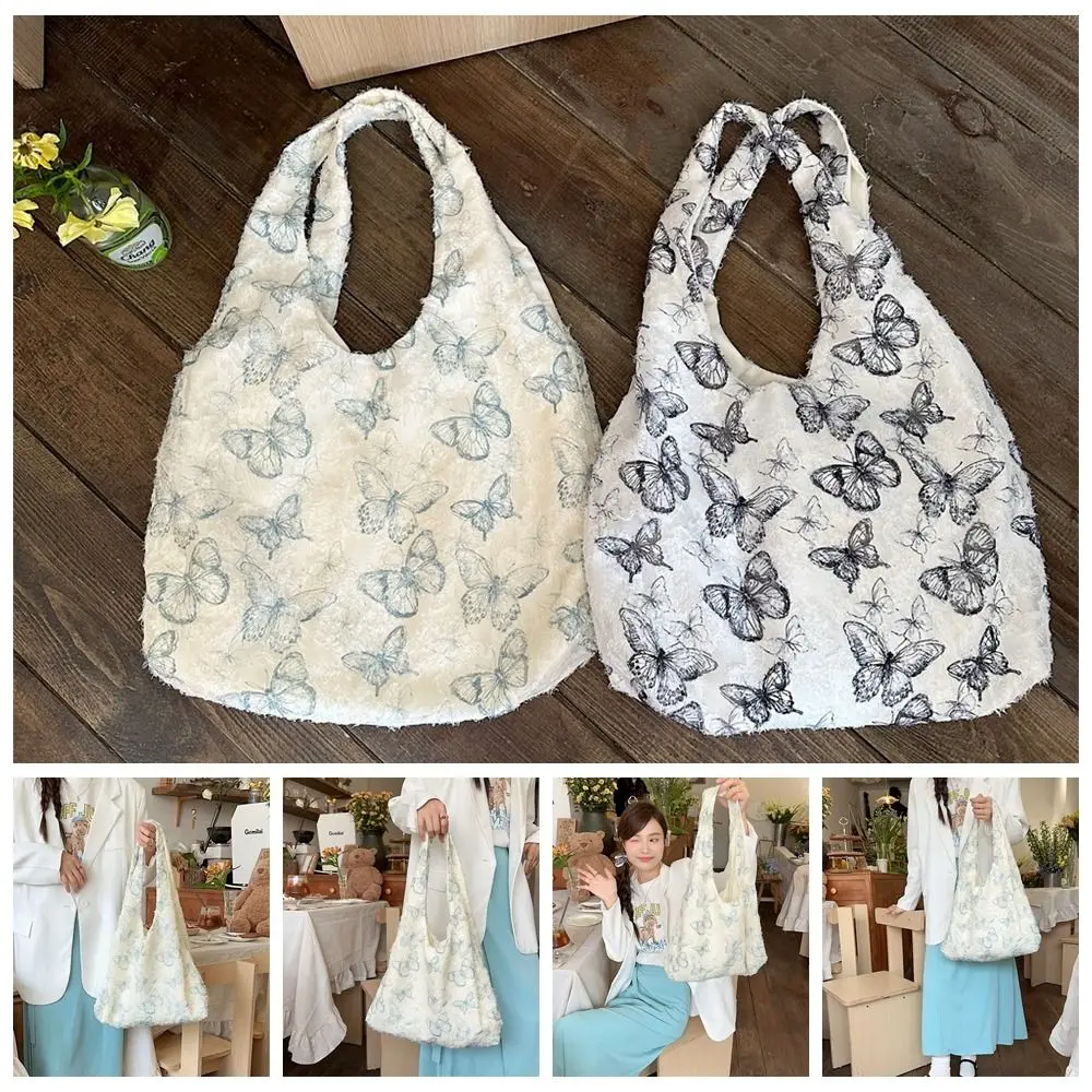 Luie Wind Kant Vlinder Canvas Tas Mode Veelzijdige Vlinder Schoudertas Retro Esthetische Grote Capaciteit Winkelen Handtas