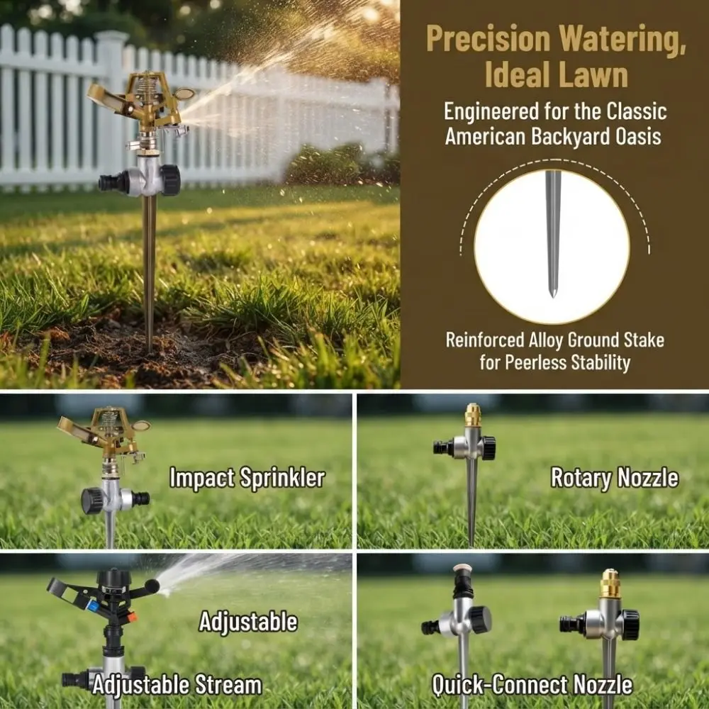 Adjustable Spike Sprinkler 360 Degree Rotation Double Outlet Ground Sprinkler Wear Resistant Energy Saving Lawn Sprinkler