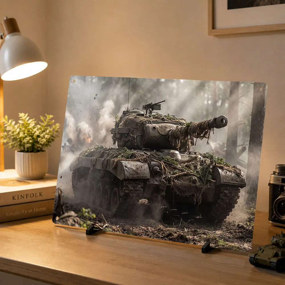 Camouflaged Tank in Forest Ambush 3D Texture Printed Poster Custom Vintage Metal Tin Plate Sign for Wall Art Home Decor Items