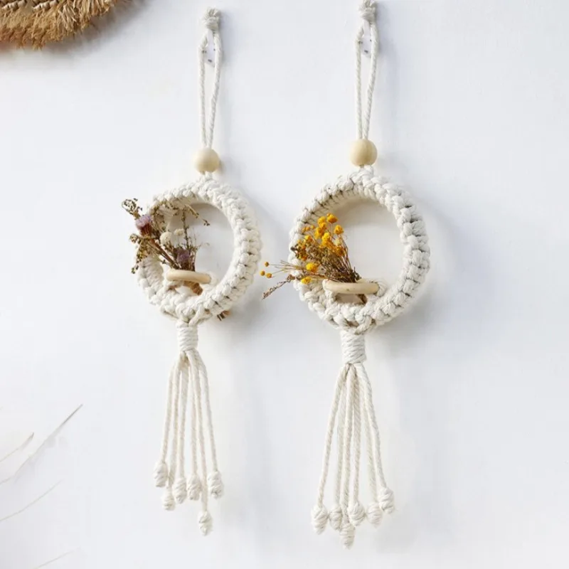 Bohemian Macrame Cotton Rope Handmade Weave Simulation Flower Basket Hanging Ornament Home Bedroom Wall Hanging Room Décor