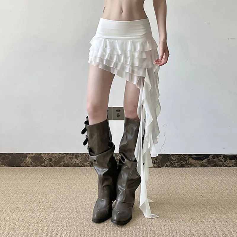 

2025 Irregular Hem Multi-Layered Ruffles Tassels Women SkirtsLace Patchwork Sweet Summer Trend Daily Skinny Versatile Bottoms