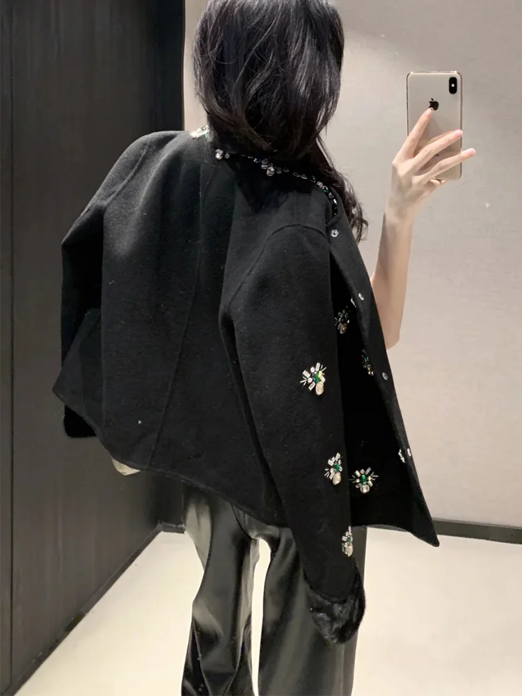 New Women Real Mink Fur Cuffs Cashmere Wool Woolen Coat  Winter Jacket Ladies Outerwear Streetwear