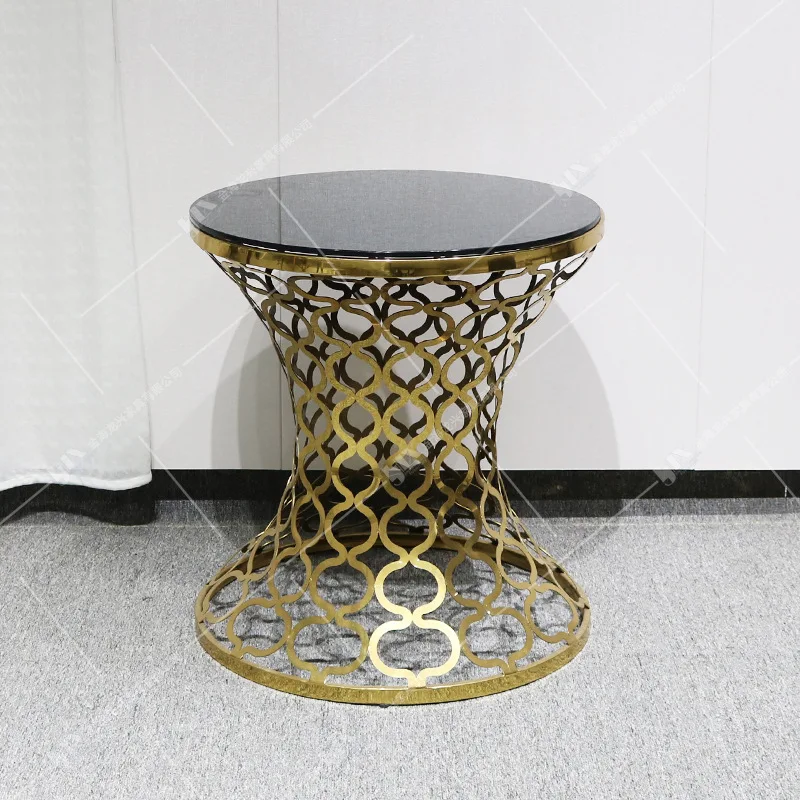 

Factory direct sales European creative hollow hotel stainless steel round table tempered glass dining table outdoor wedding