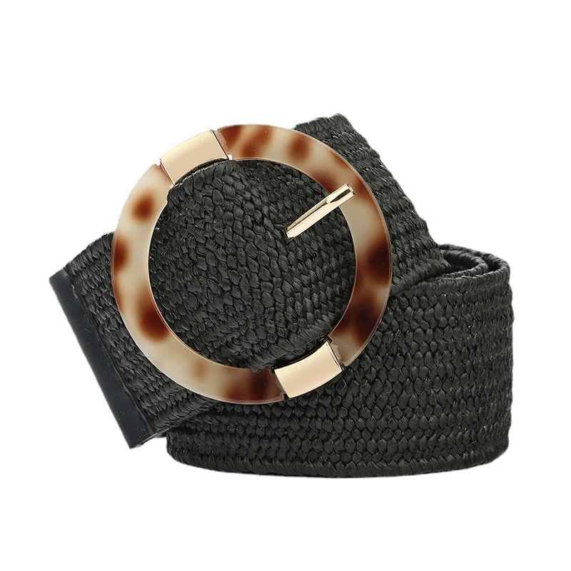 1PC Fake Straw Knitted Round Square Buckle Waistband Women Braid Belt Breathable Hollow Elastic Decorative Wide Belt Woven Belt