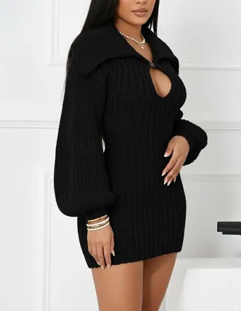 2025 Elegant Sexy New Fashion Commuting Winter Big Collar Slim Fit Elastic Lantern Sleeve Woolen Dress