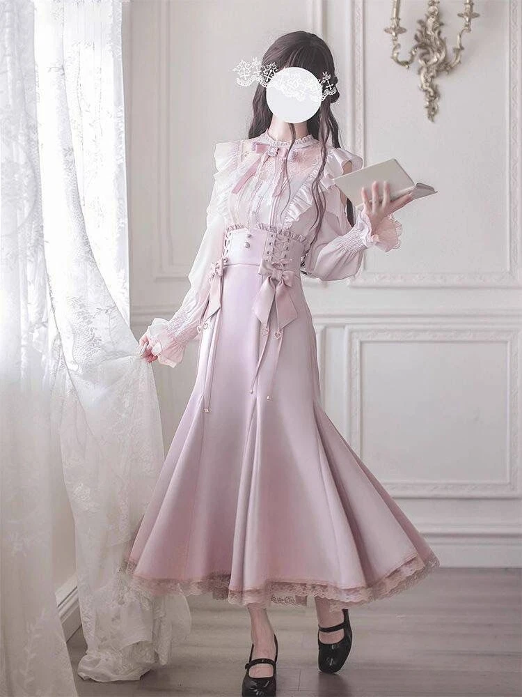 Lolita Style Japanese Sweet 2 Piece Set Woman Sweet Casual Bow Shirt High Waist Elegant Slim Midi Skirt Fashion Lace Skirt Set