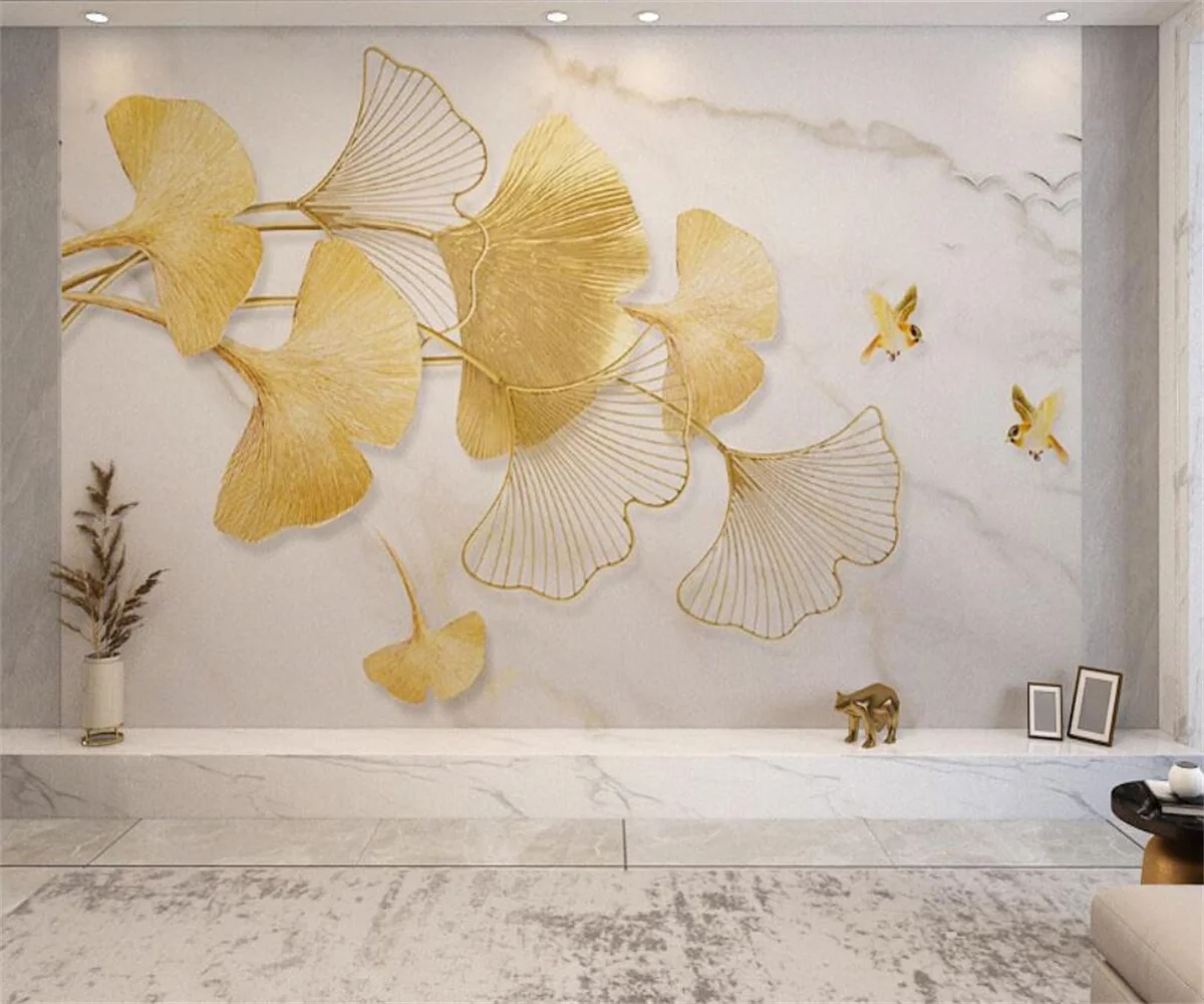 Custom Mural canvas self-adhesive relief material 3d gold gingko leaf Wallpaper home decoration living room bedroom 3d Wallpaper