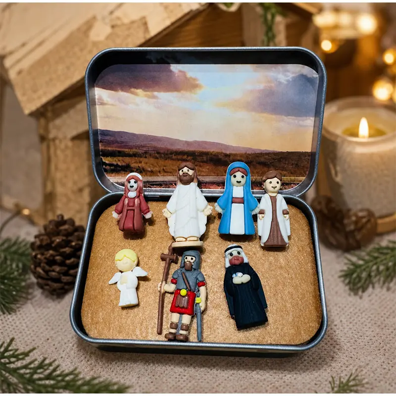 Christmas Horse Trough Design Scene Figurine Desktop Ornament Christmas Nativity Set Tin Box Packaging Resin Mini Scene Figurine