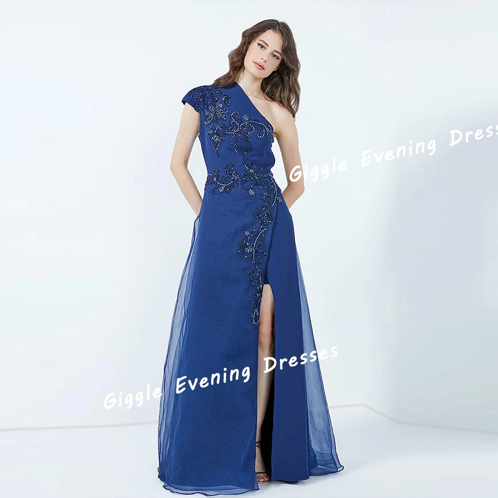 

Giggle Crepe One-Shoulder Beading Flowers Elegance Prom Gown Saudi Arab Slit Floor-Length Evening Party Dresses for Women 2024