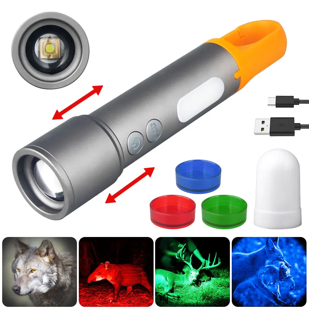 Mini linterna multicolor, luz LED COB con Zoom, carga USB, para tienda de campaña, caza, pesca al aire libre, verde/Rojo/azul/blanco