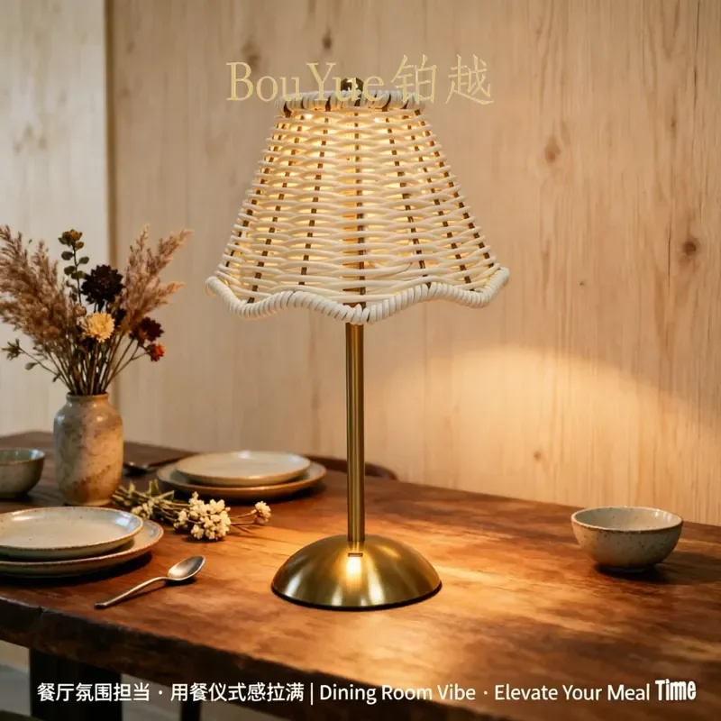 Outdoor Rattan Table Lamp Dimmable Cordless Charging Light for Patio Balcony Bar Restaurant Bedroom Bedside Ambient Decor