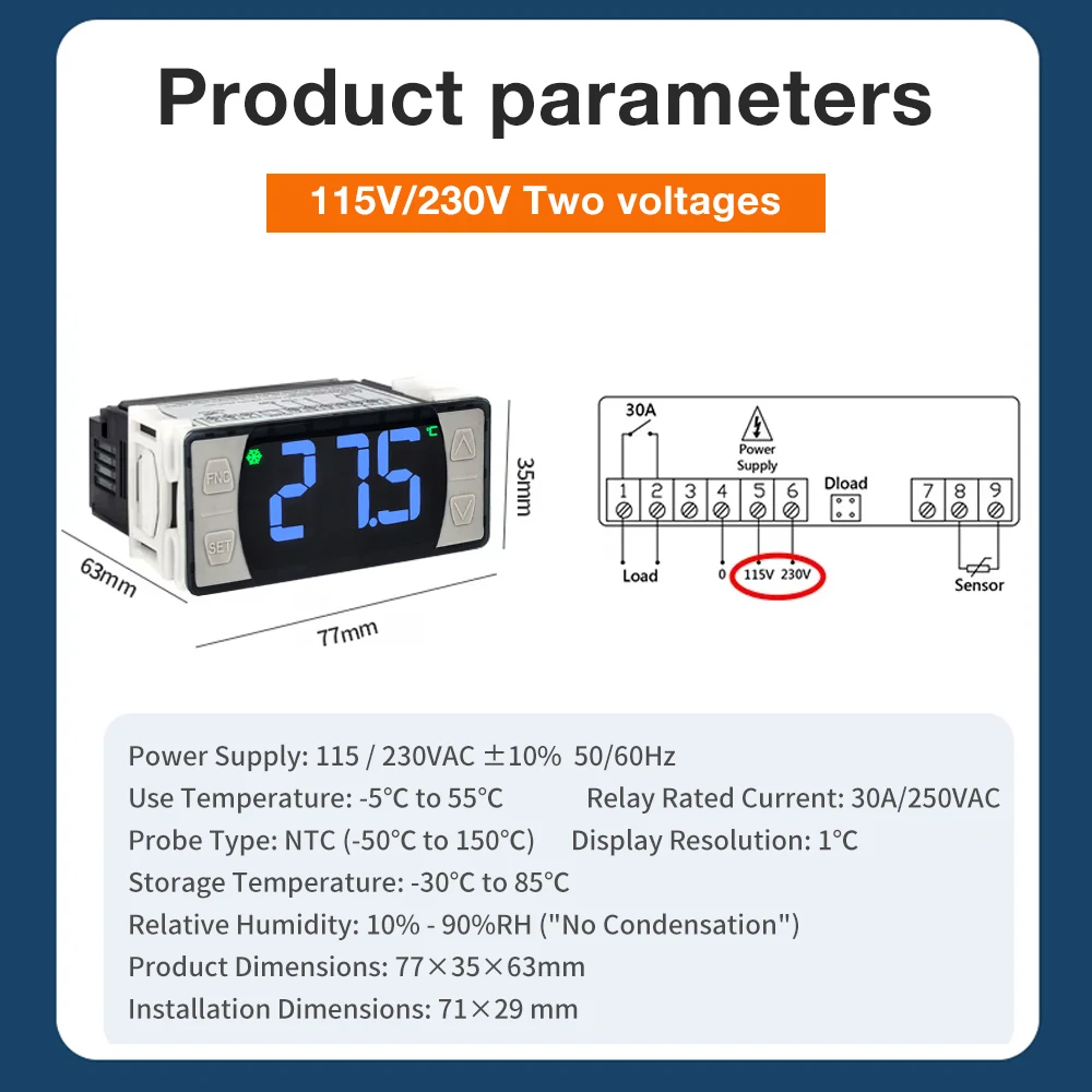 115/230V Digital Temperature Controller Thermostat Relay with NTC Probe For Refrigeration Defrosting Heating Cooling image 6
