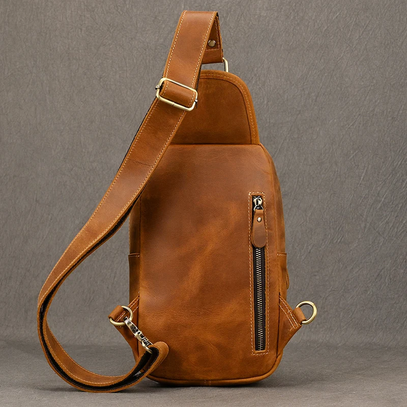 Crazy Horse Leather Men Chest Bag Small Cowhide Travel Bag Vintage Real COW Leather Women Crossbody Bag Brown iPad Messenger Bag