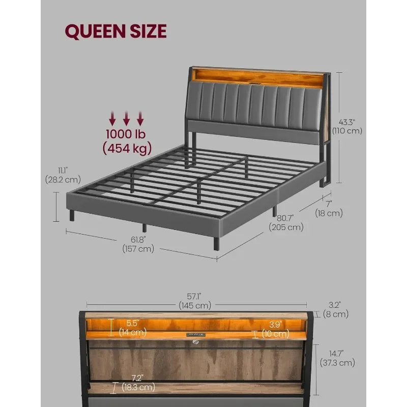 ZHENXIANG LED Bed Frame Queen Size, Storage Headboard and Charging Station, Queen Bed Frame with 2 AC Outlets,1 Type-C Port