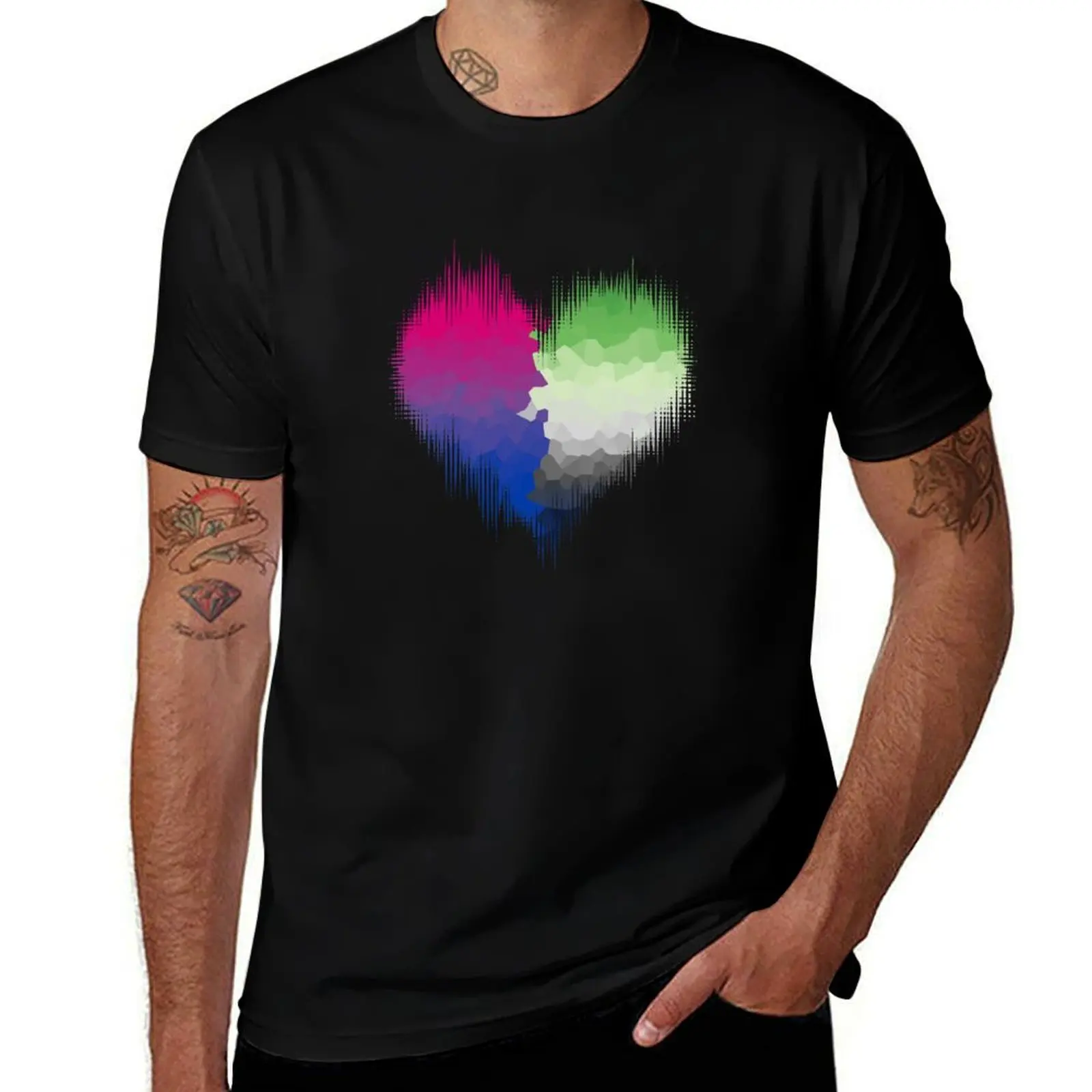

Aromantic Bisexual Glitch Heart T-Shirt Active Sports Short Sleeve Cotton Shirt