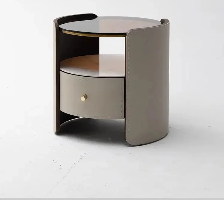 

Italian saddle leather round bedside slate modern solid wood bedroom storage cabinet R