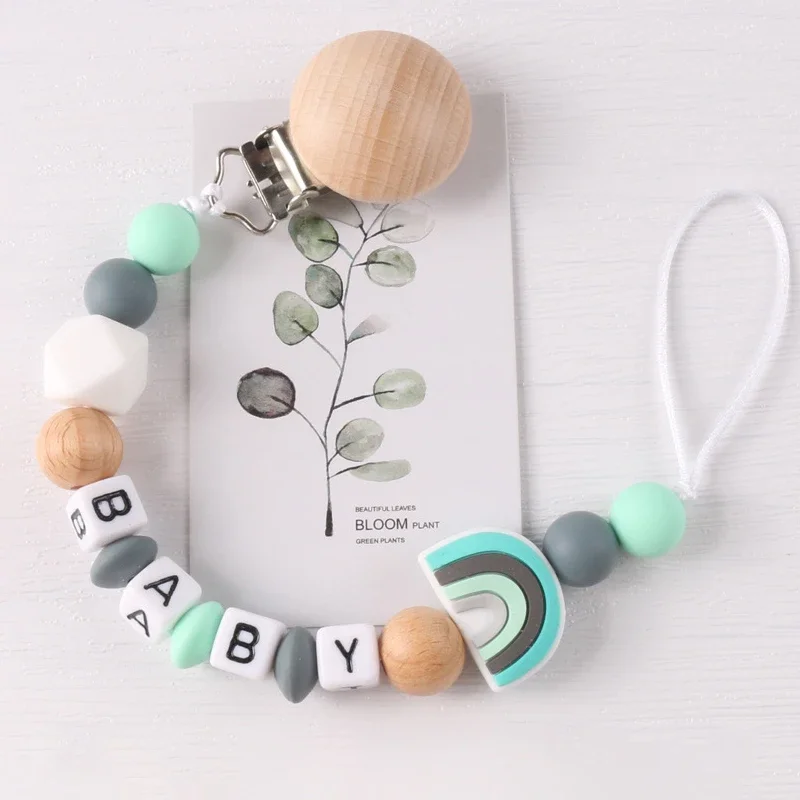 NEW Personalized Name Handmade Beech Pacifier Clip Holder Chain Silicone Rainbow Pacifier Chain Baby Teether Teething Chain Gift