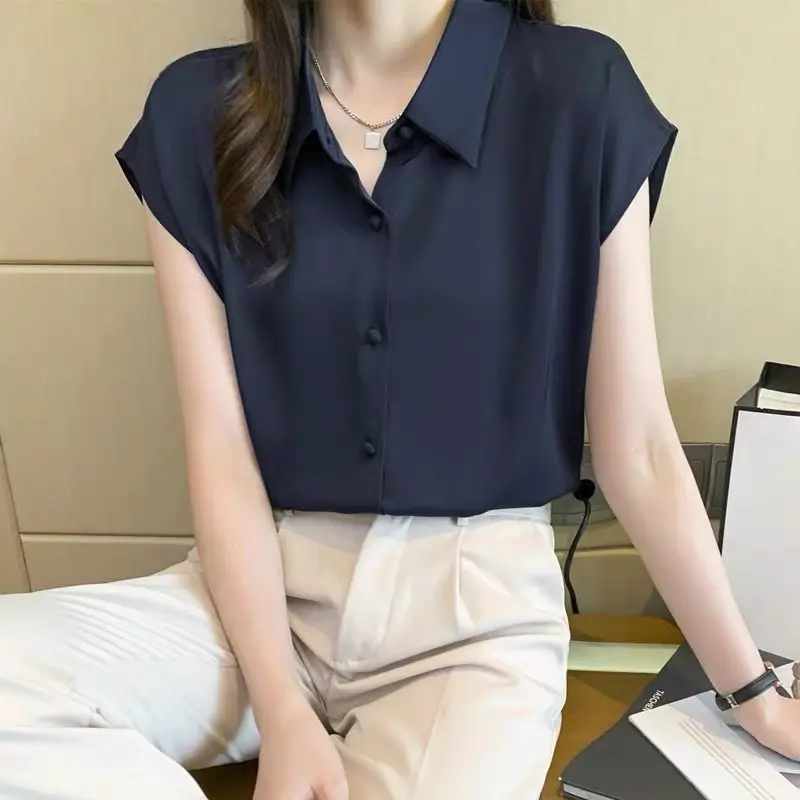 

Lapel Chiffon Shirt Summer New Thin Short Sleeve Top Loose Commute Women's Blouse 4XL