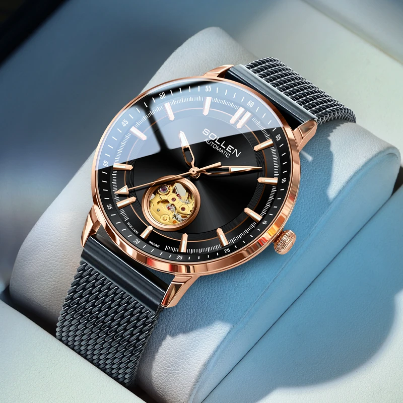 Reloj mecánico automático SOLLEN de lujo japonés MIYOTA para hombre, luminoso, resistente al agua, con doble esqueleto, volante de inercia y correa de malla SL360
