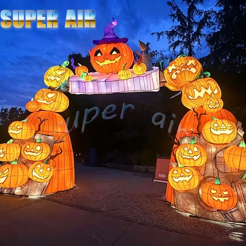 Giant Halloween LED Inflatable Pumpkin Arch With Witch HatFor Yard Garden Park Event Halloween Party Entrance Decor