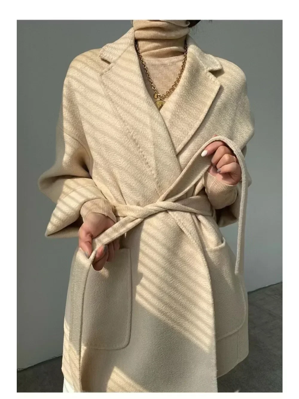 

Winter Women Wool Coat Adjustable Waist Casual Jacket Water Ripples Woolen Autumn Camel Commuting Outerwear