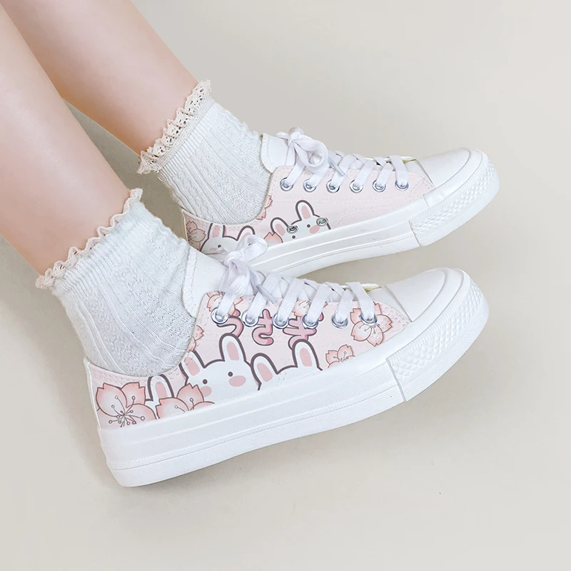 Amy and Michael Lovely Anime Bunny Hand Painted Canvas Shoes Sweet Girls Students Casual Flat Low Top Sneakers Women Trainers