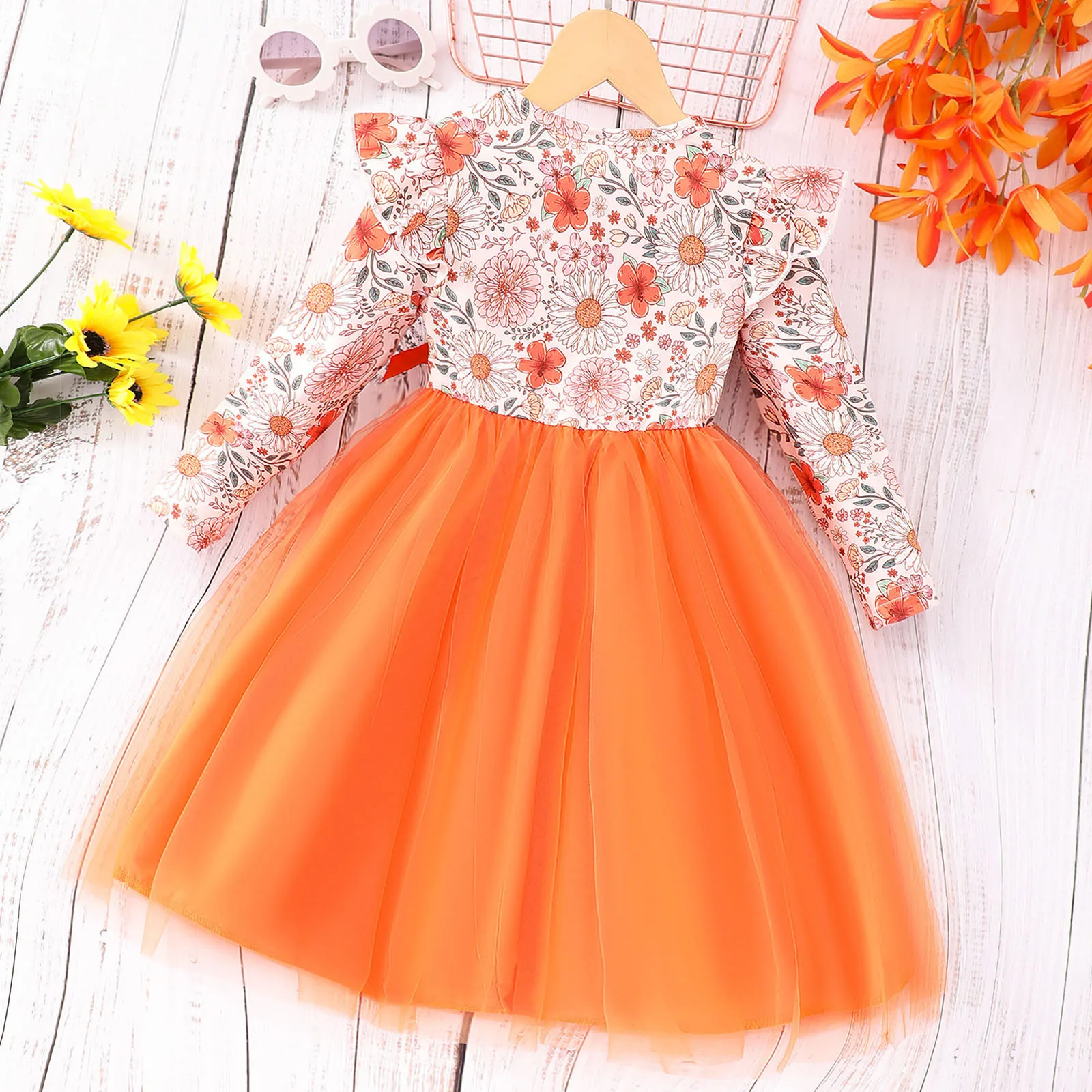 Kids Floral Print Dresses For Girls 2-7Y Patchwork Tulle Princess Dress Party Evening Tutu Dress Autumn Winter Children Clothes